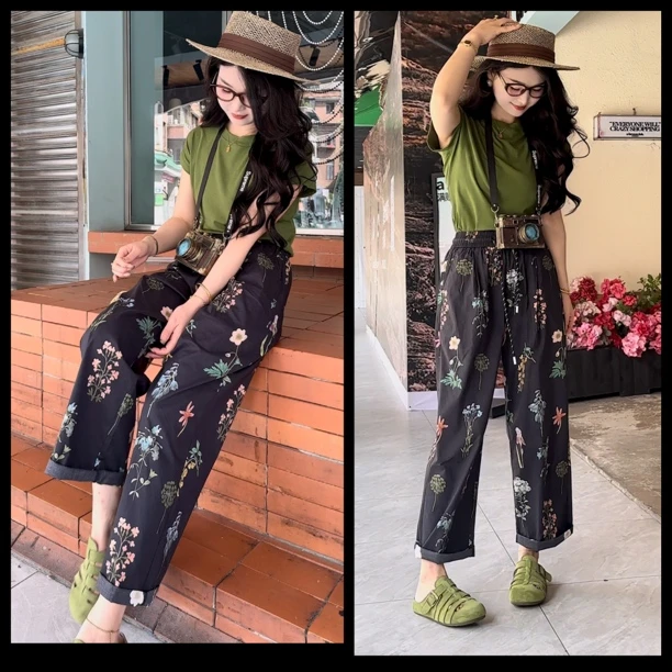 【芳雅】夏季新款高腰 摩登花卉风信子 显瘦九分直筒百搭小花裤
