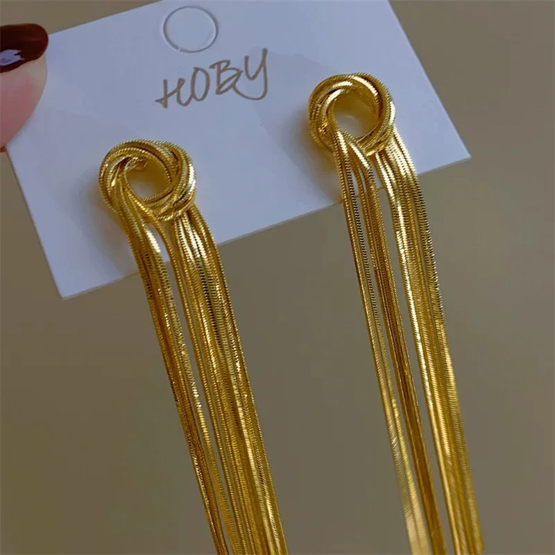 铜合金耳饰 高奢定制金属拉丝蛇骨链流苏无耳洞耳夹