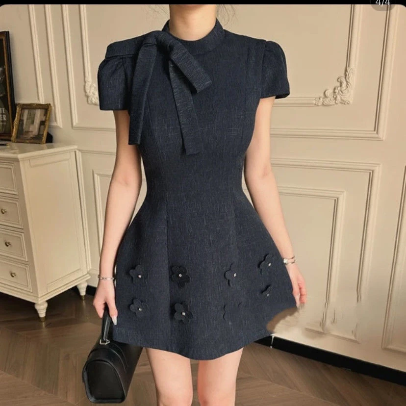 针织新款夏季2025收腰短袖旗袍修身显瘦高领打底短裙连衣裙