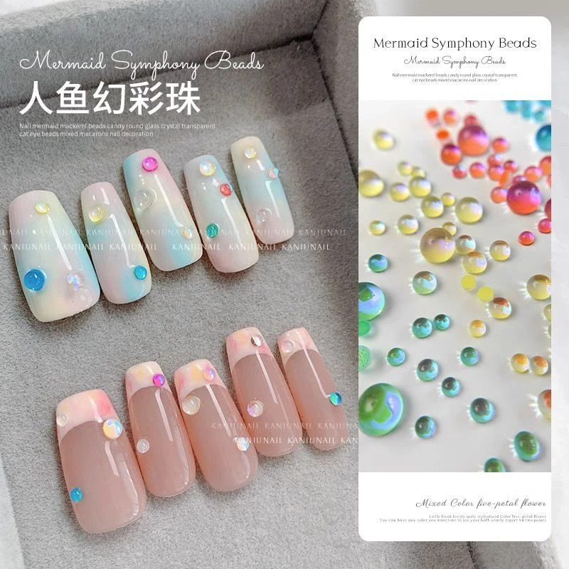 半圆人鱼泡泡珠美甲饰品幻彩极光圆形珠子糖果色混装钻指甲装饰品
