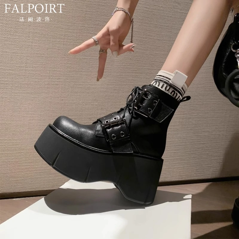 FALPOIRT朋克潮酷皮带扣马丁靴女小个子高跟厚底真皮辣妹机车短靴
