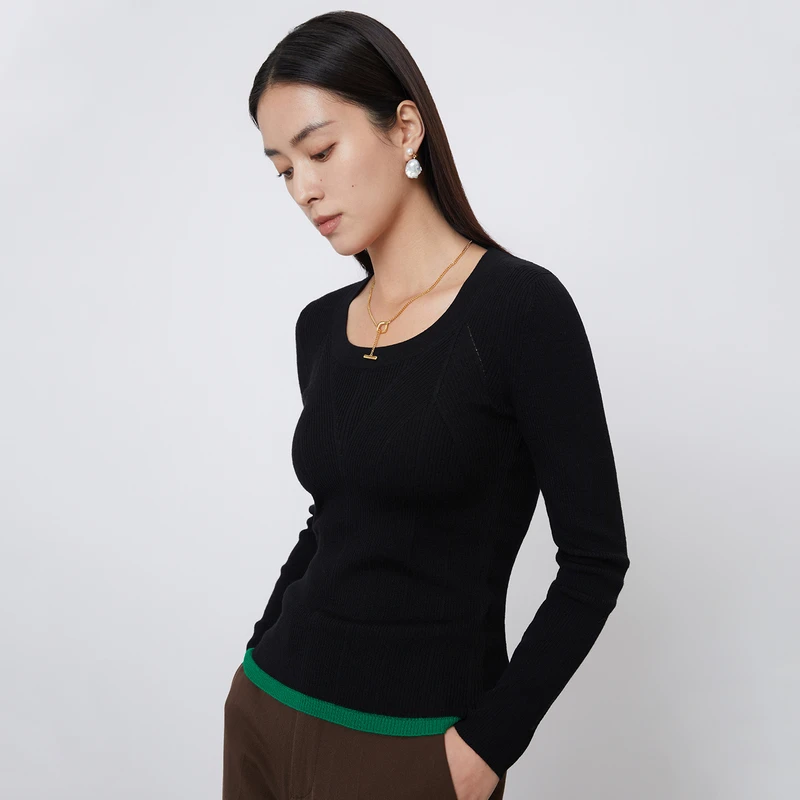 【许半夏专享】MESUX米岫冬新美丽诺羊毛波浪荷叶边下摆圆领修身毛