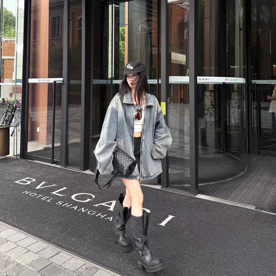 欧阳 做旧磨破牛仔外套女秋季新款休闲宽松美式复古夹克上衣