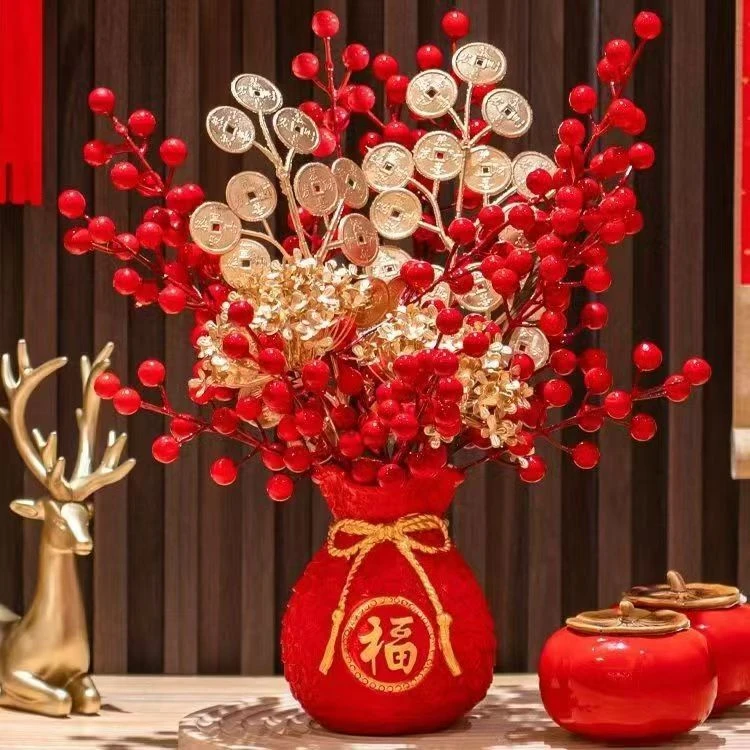 福袋花瓶摆件钱袋子红果仿真花装饰客厅家居插花装饰品花艺摆件