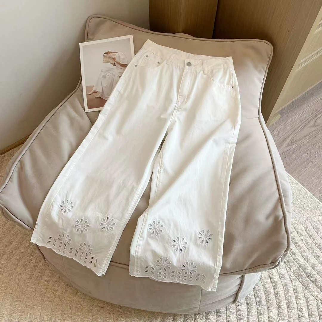 【豆子推荐】7210 夏季韩版宽松镂空花朵设计感高腰显瘦裤子薄款