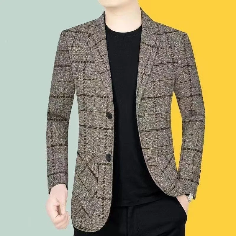 商务西服春秋款男中年男士休闲高档秋冬季新款潮西装外套格子韩版