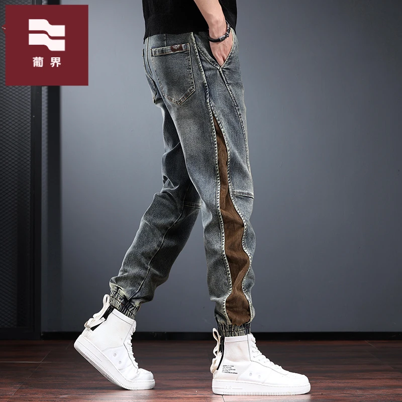 松紧腰牛仔裤男秋季潮牌设计感工装哈伦裤个性复古痞帅抽绳束脚裤