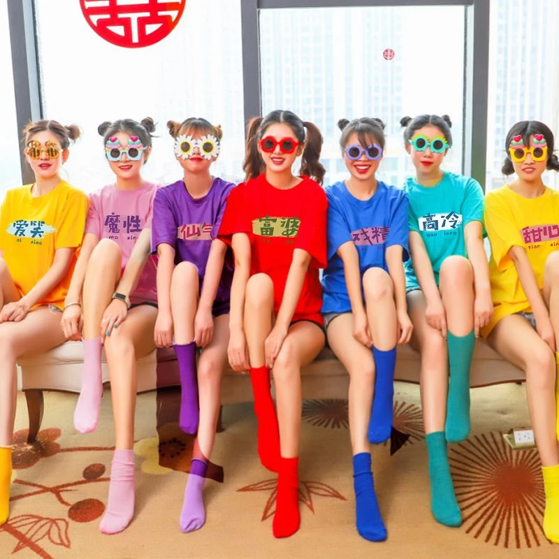 【4437人好评】伴娘团晨袍短袖女衣服闺蜜装姐妹装彩色T恤宽松宿