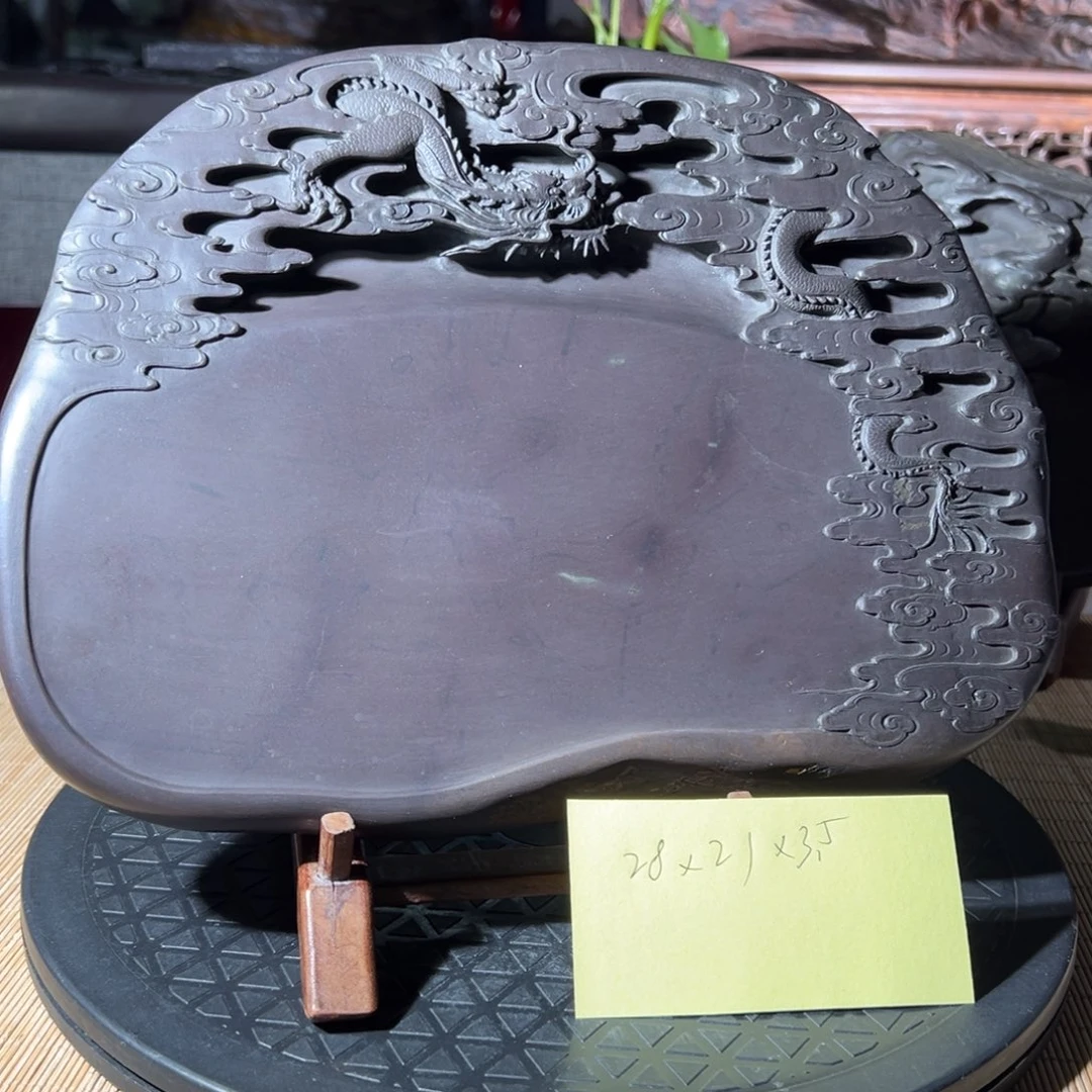 程启元大师亲工孤品端砚斧柯东带锦盒落款