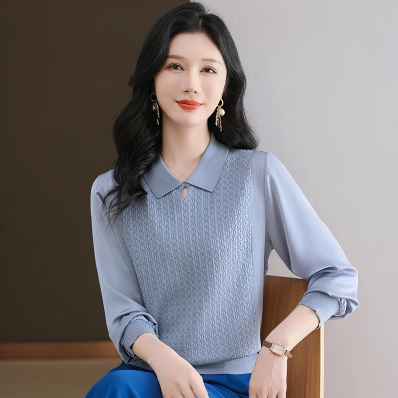 YILI春秋纯色女时尚气质百搭小心机镂空拼接毛针织衫F960