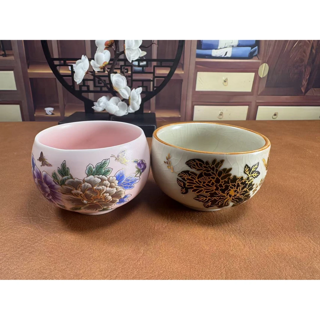 牡丹蝶恋花变色双茶杯2159陶瓷主人杯大号