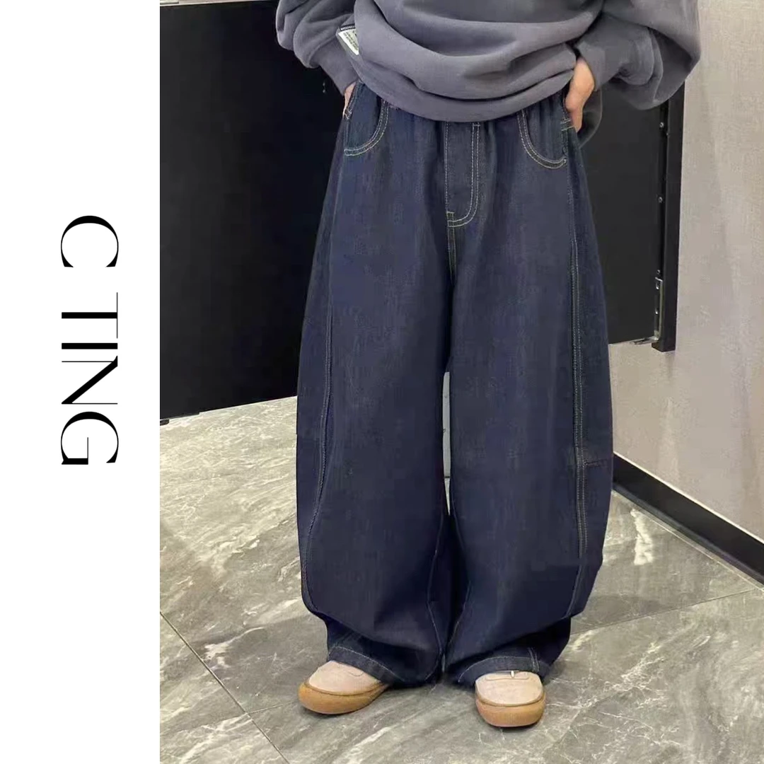 【C TING】新款韩版亲子装童装男女童立体剪裁原色牛仔蓝加绒牛仔裤