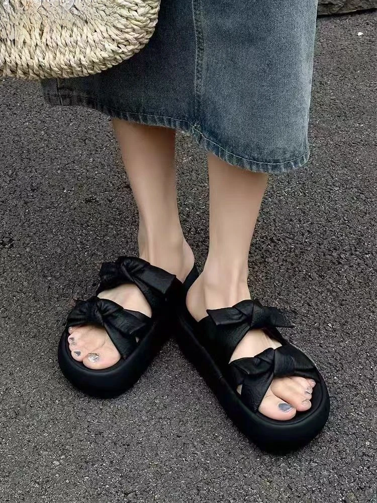 5509蝴蝶结一字拖鞋女外穿2夏季新款踩屎感厚底配裙子沙滩拖鞋