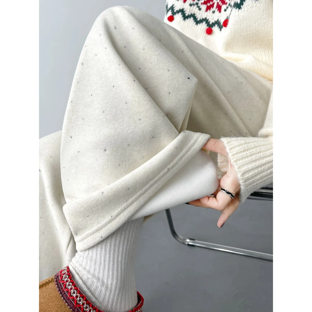 加绒加厚烫钻阔腿裤女秋冬季卫裤松紧高腰显瘦宽松直筒拖地糯米裤