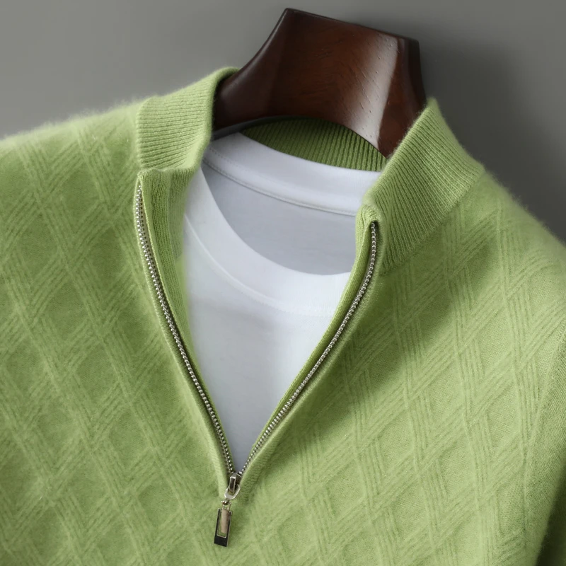 【支持质检】100%纯羊毛春秋款男士半高拉链套头针织毛衣宽松百搭