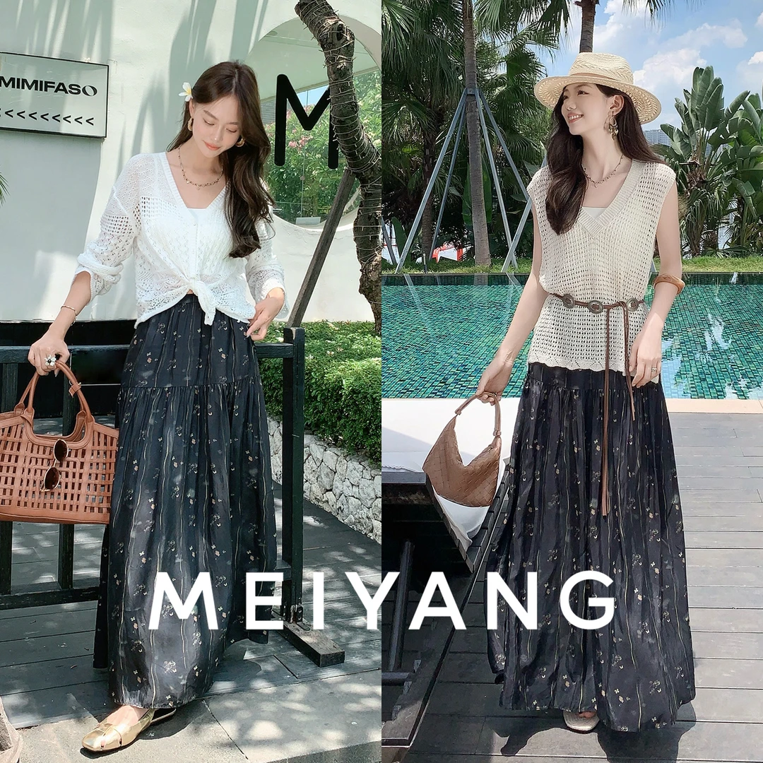 美洋MEIYANG【现货】雪柳半裙 铜氨丝印花_松紧腰细褶伞裙-周五