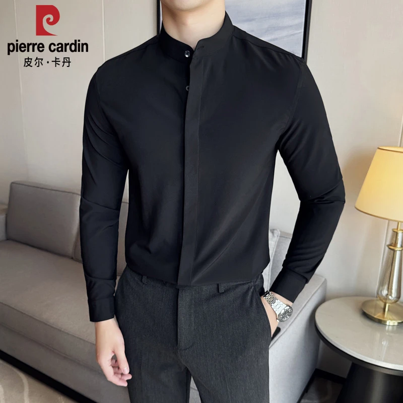 皮尔卡丹2025新款中式立领暗扣衬衣男长袖纯色商务高端品质衬衫