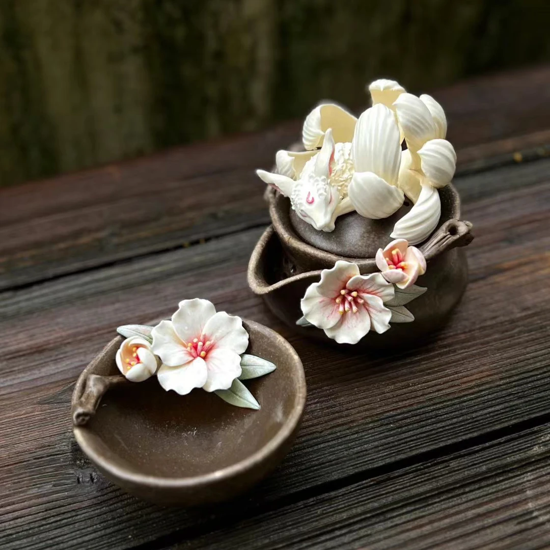 千玺茶器｜纯手工制作陶瓷雕塑茶器九尾狐桃花宝瓶套装
