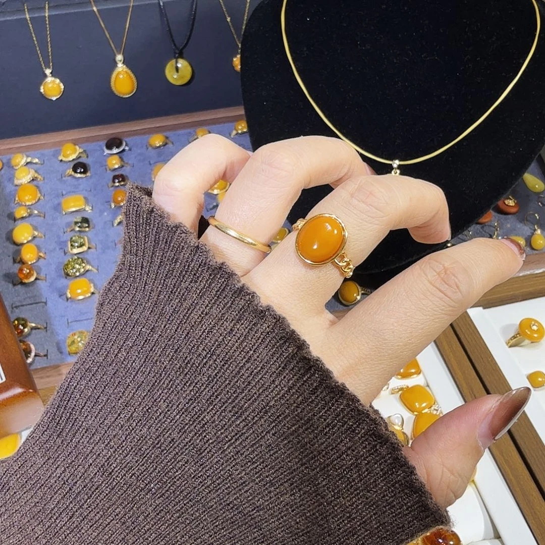 蜜蜡银S925镀金镶嵌戒指蜜蜡戒指