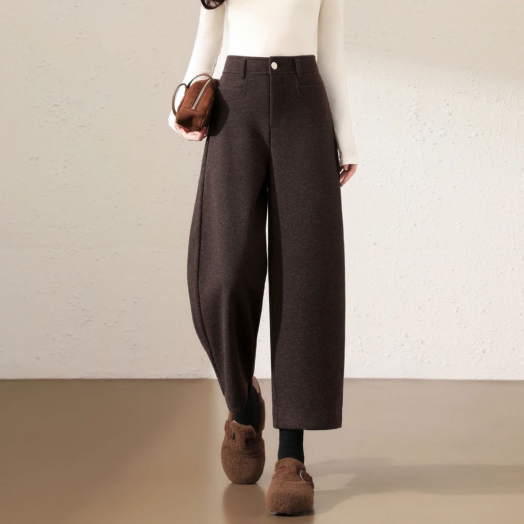 九分毛呢阔腿裤女秋冬新款高腰显瘦哈伦直筒仿兔毛加厚糯米奶奶裤