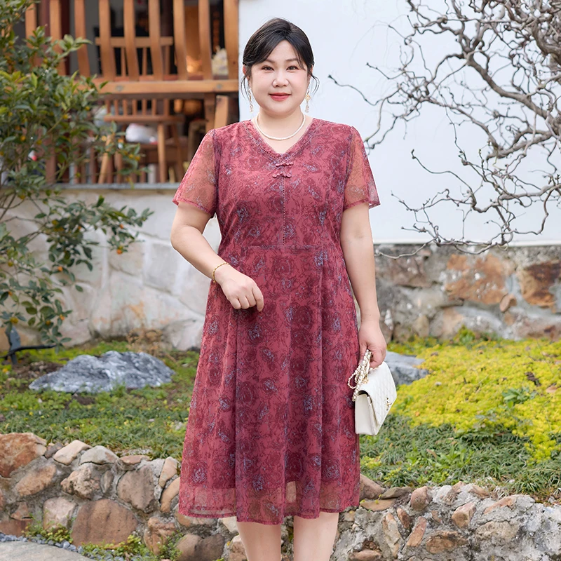 胖妈妈40岁50中老年女雪纺连衣裙夏装短袖大码妈妈装洋气遮肚裙子