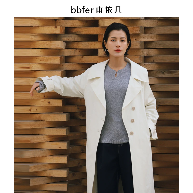 本依凡春款女装通勤中长风衣WYSFF1033翻领外套曲线门襟带腰带