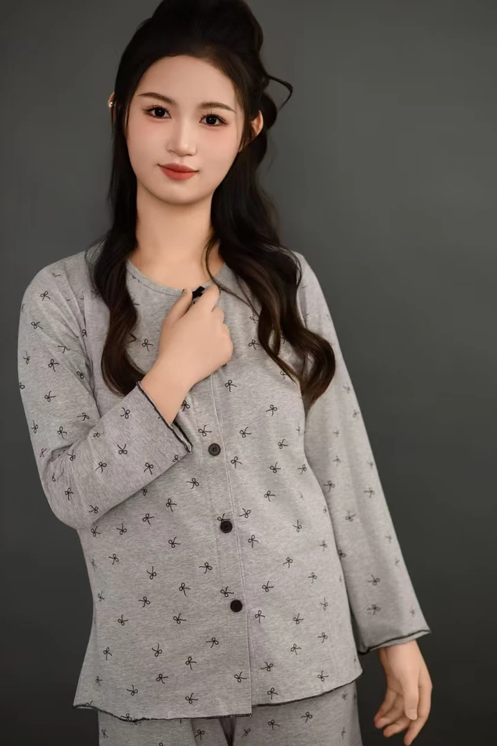 夏季灰色甜美7A孕妇哺乳睡衣产后月子服家居服薄款时尚开衫带胸垫