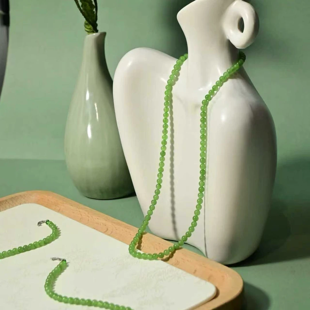 白沙设计【小米辣】和田玉碧玉果绿锁骨链4mm多样性发其一X0101