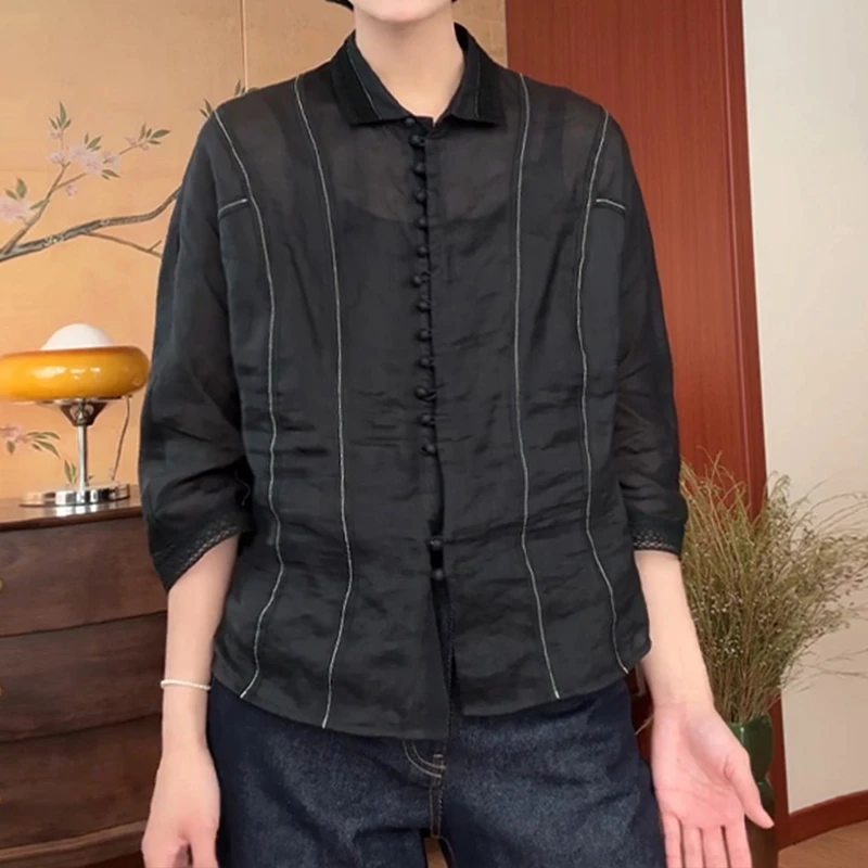 大码女装简约轻薄款黑色衬衫春夏新款翻领单排扣宽松百搭休闲上衣