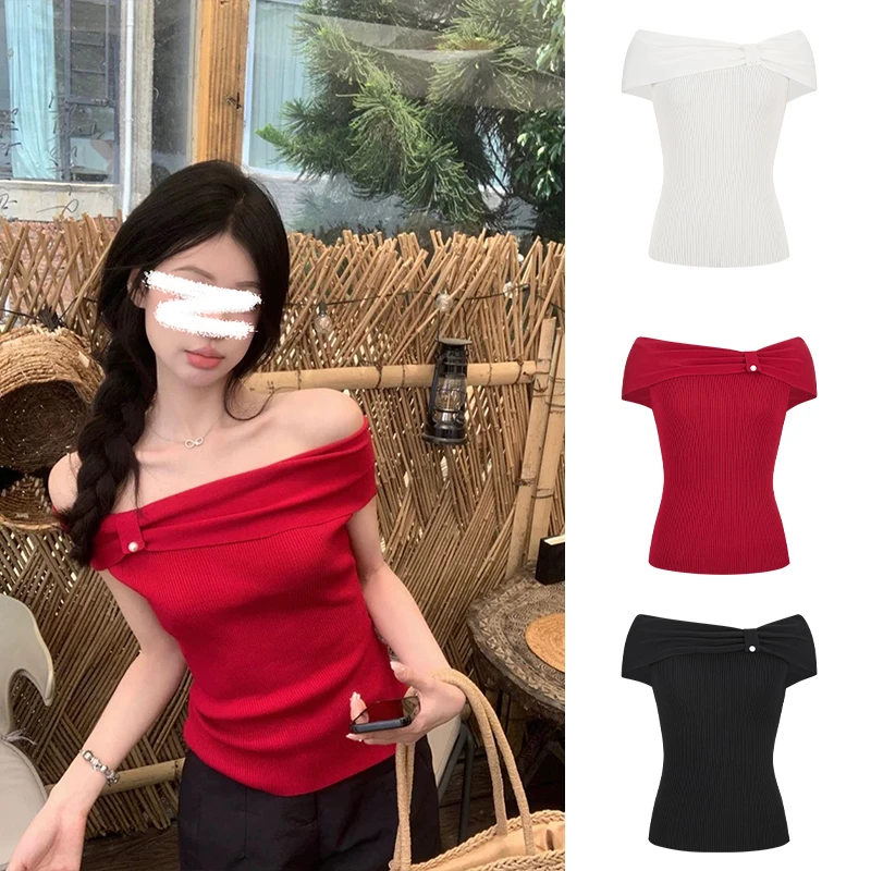 Moses Queen/魔西女王一字肩蝴蝶结针织衫设计感小众气质露肩上衣