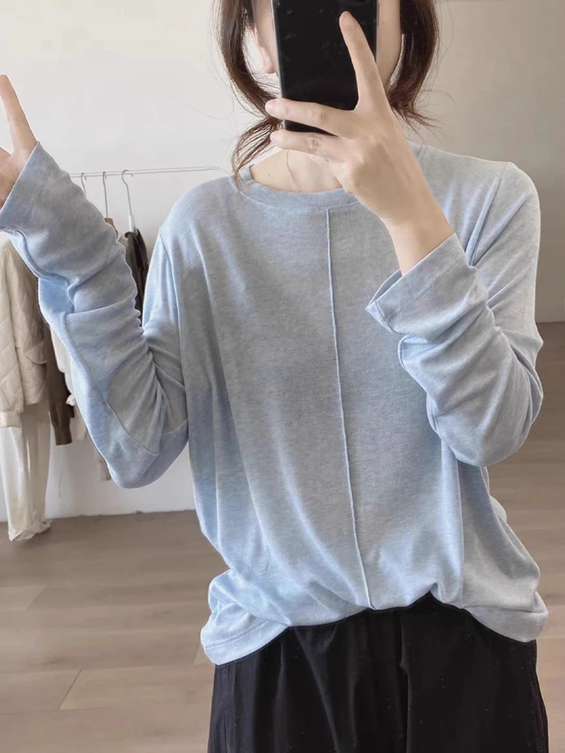 时髦长袖t恤女2025新款秋季宽松时尚休闲显瘦简约设计感薄款上衣