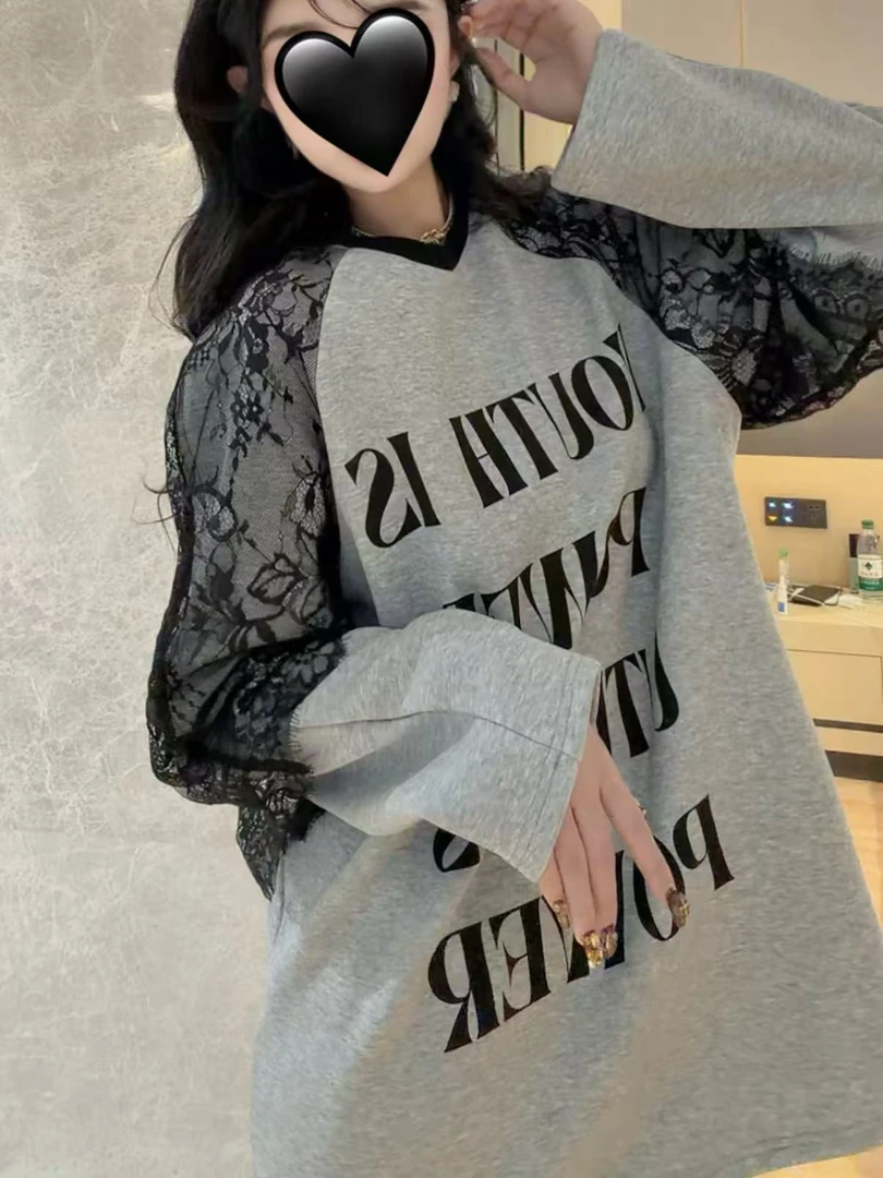 秋季韩版休闲宽松遮肉显瘦上衣个性拼接蕾丝字母印花T恤女963716