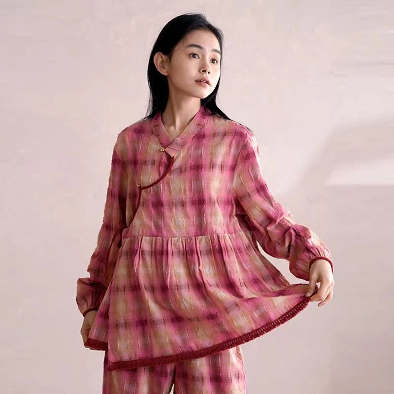 朵朵可可纯棉格子V领斜襟宽松家居服dw242cz003
