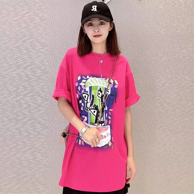【商场同款】圆领宽松时尚印花纯棉短袖T恤薄款中长款上衣女1300865