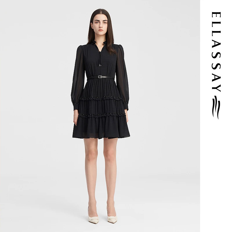 ELLASSAY歌力思新款显瘦时尚金属链条雪纺连衣裙女EWE343Y02400