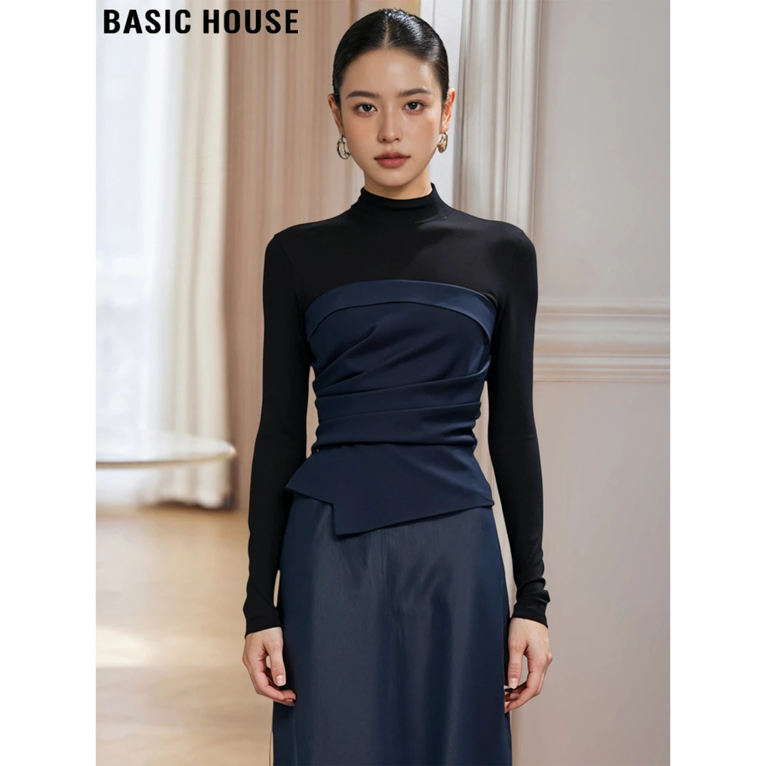 Basic House/百家好设计感半高领褶皱长袖T恤女士2025秋冬打底衫
