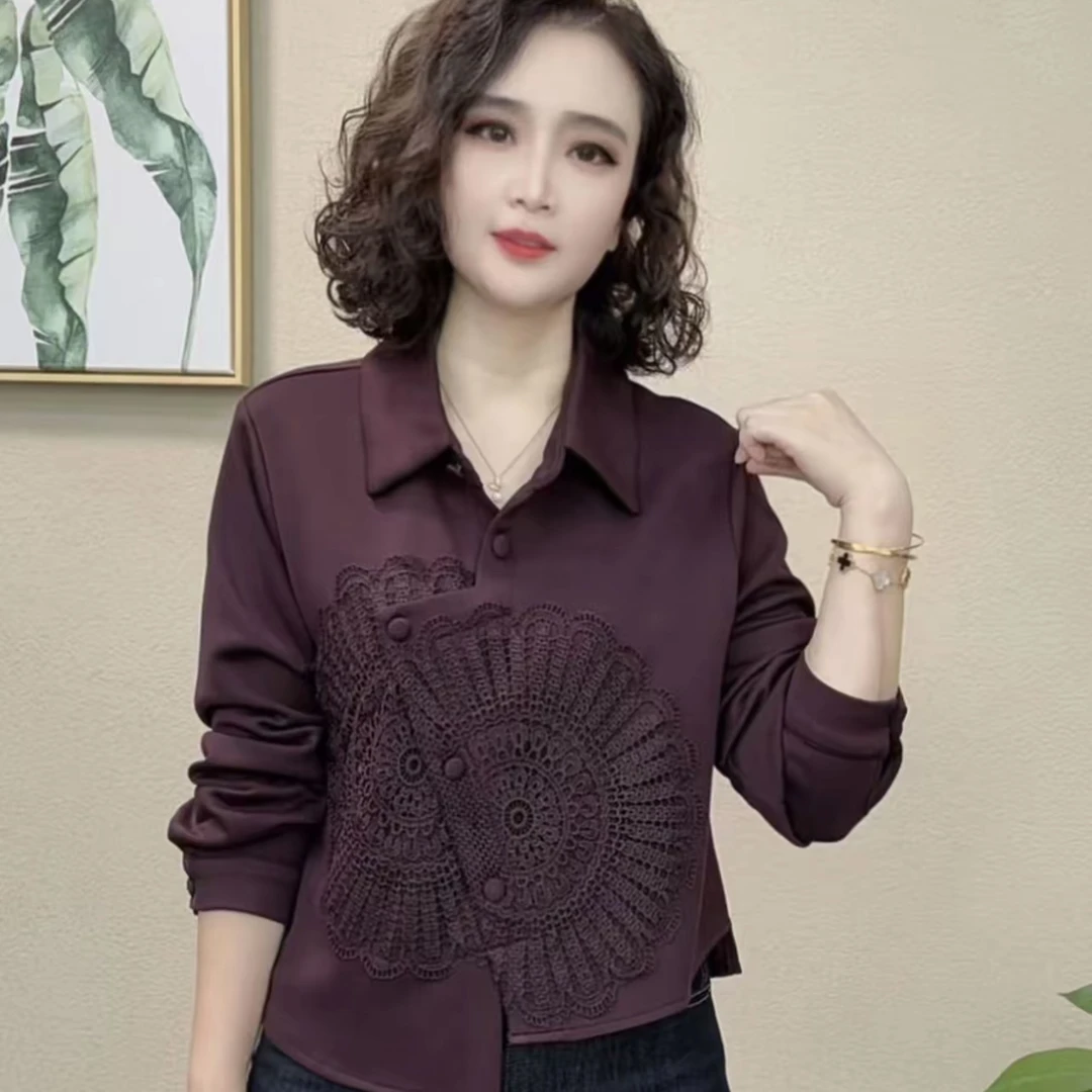 女士秋款复古花边拼接斜门襟扣格子衬衫气质百搭上衣打底衬衫休闲