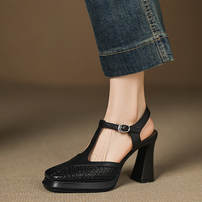 小个子手工女鞋9cm~厚底高跟凉鞋粗跟镂空编织百搭轻奢百搭鞋子