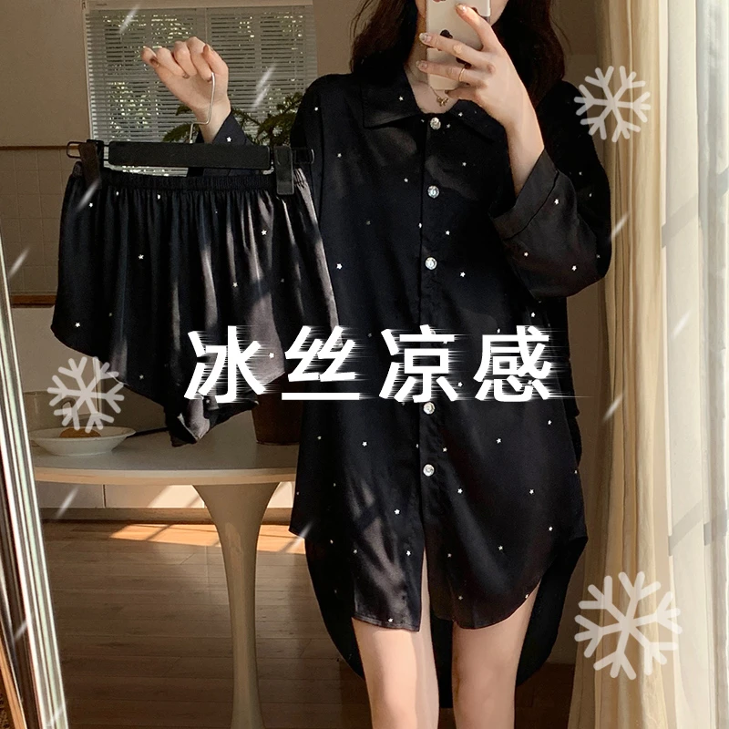 冰丝凉感短袖睡衣女夏季2025新款宽松纯色翻领开衫睡裙套装家居服