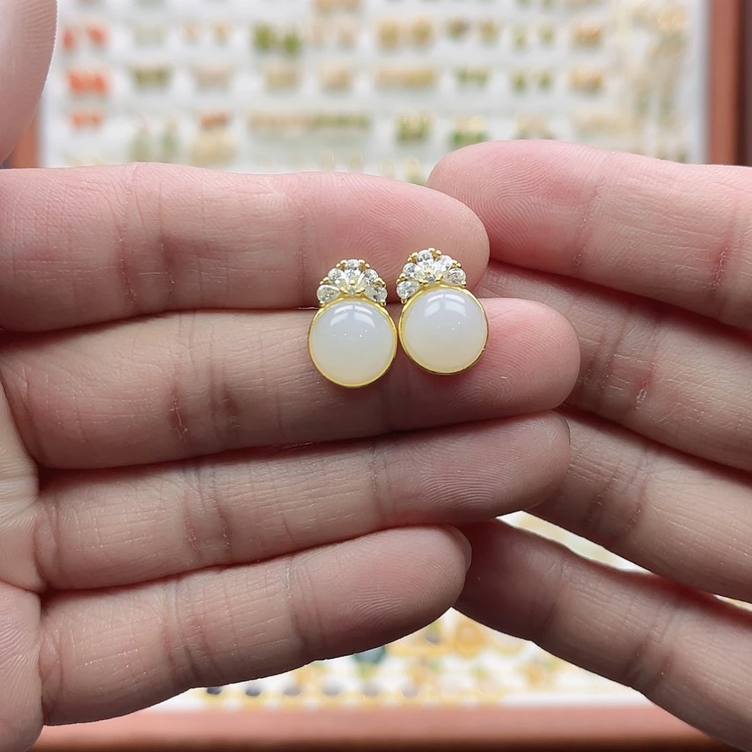 和田玉银S925镶嵌耳饰