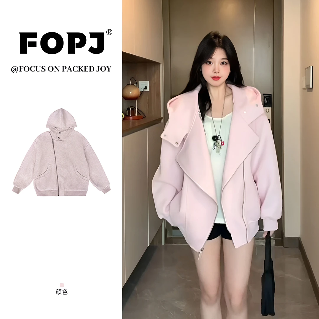 FOPJ刺绣款粉色空气层开衫连帽衫卫衣女春秋新款复古拉链外套上衣