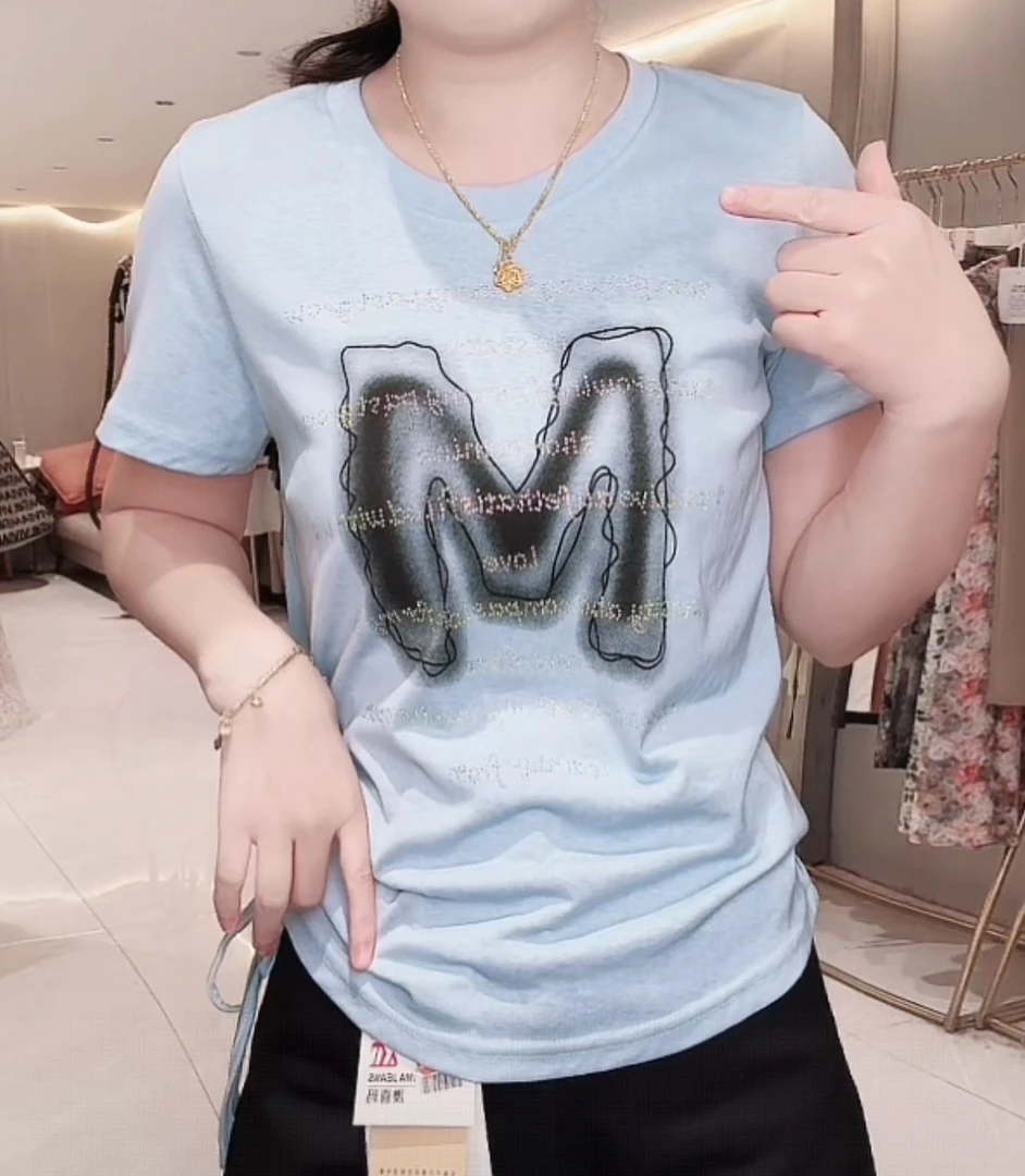 52078#曲线M字短袖T恤女简约百搭宽松时尚休闲洋气夏季