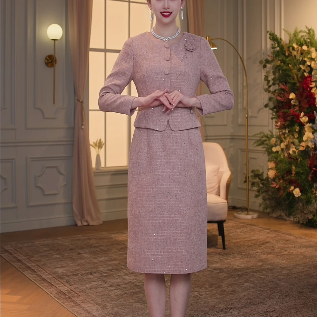 【香妮芬】83267秋冬季新款樱花粉显瘦假两件女装连衣裙时尚气质