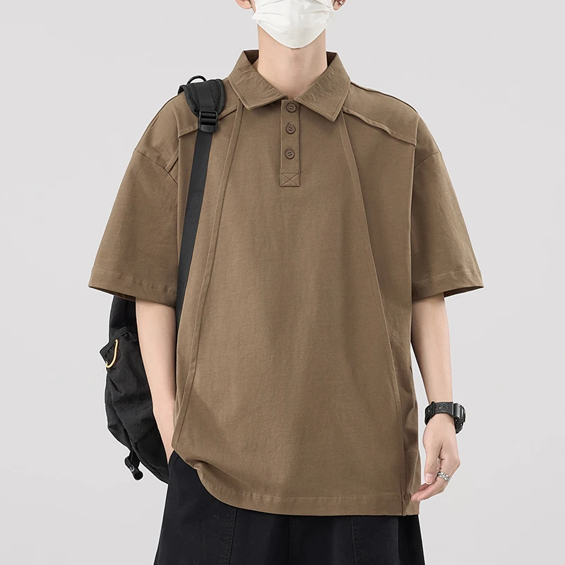 纯棉POLO衫男夏季宽松新款短袖休闲潮牌翻领上衣重磅拼接半袖T恤
