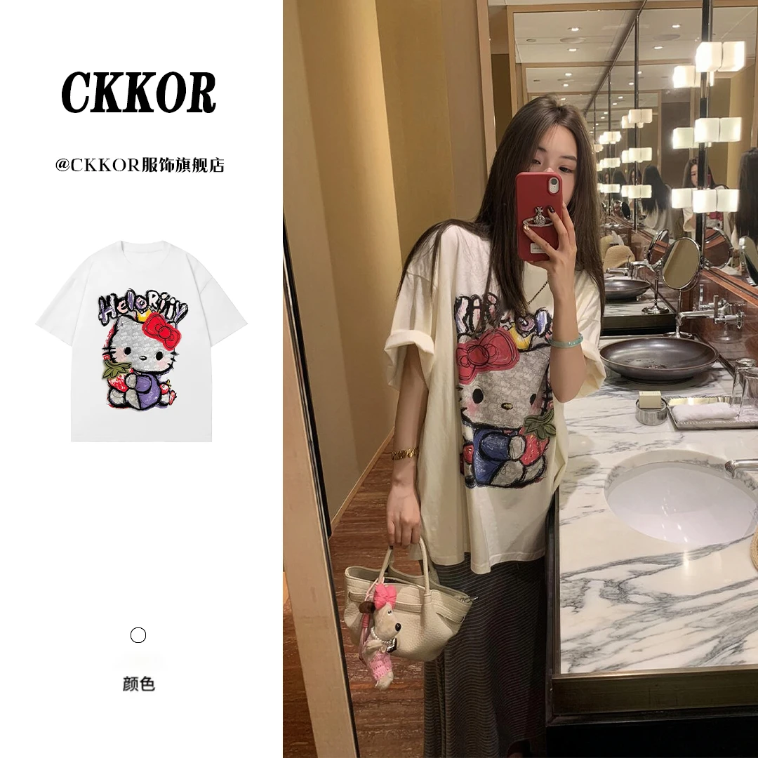 CKKOR夏季卡通印花t恤女短袖宽松显瘦休闲慵懒风百搭新款纯棉上衣