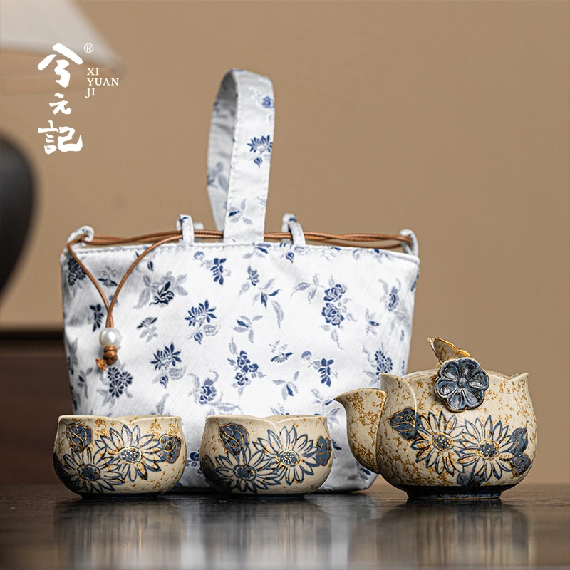 手绘青花火石红旅行茶具套装便携式快客杯户外一人饮户外露营