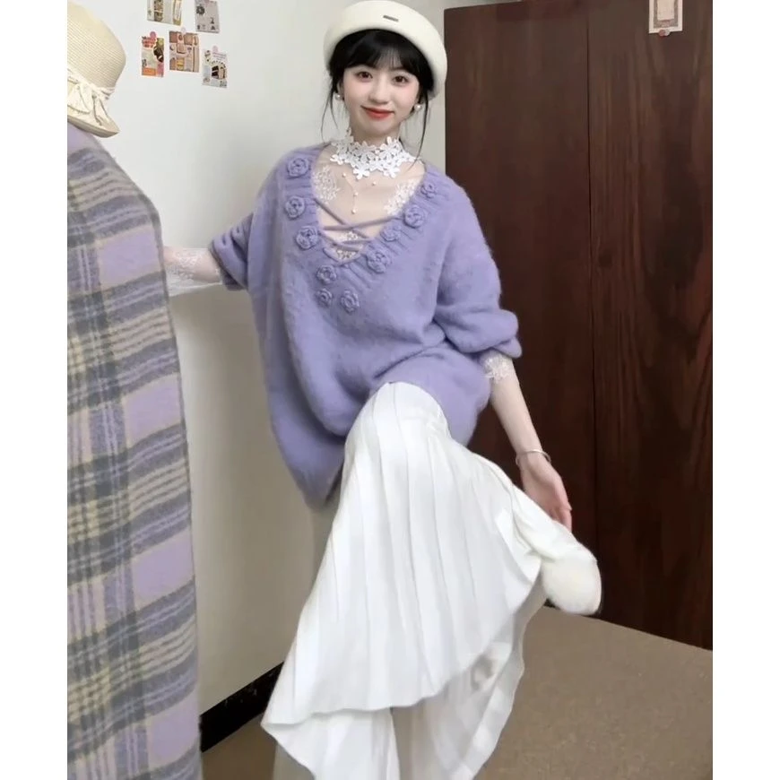 今年冬季流行三件套女温柔软糯慵懒毛衣洋气漂亮蕾丝打底半身裙潮