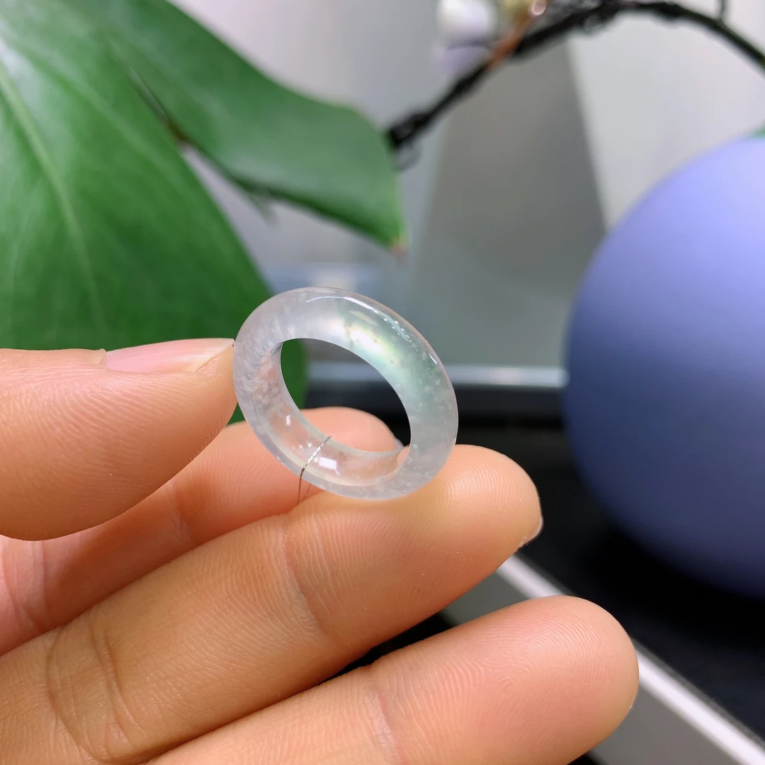 9圈口缅甸天然翡翠A货冰木那雪花棉戒指A574#