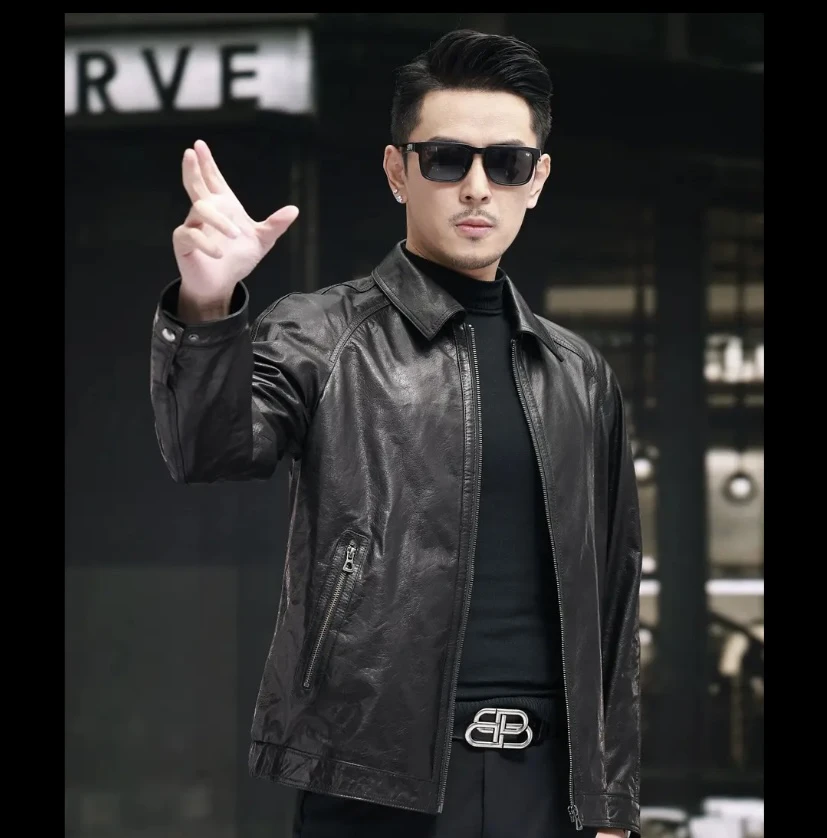 2503新款单款男头层小牛皮衣外套真皮夹克宽松潮流黑色休闲百搭男