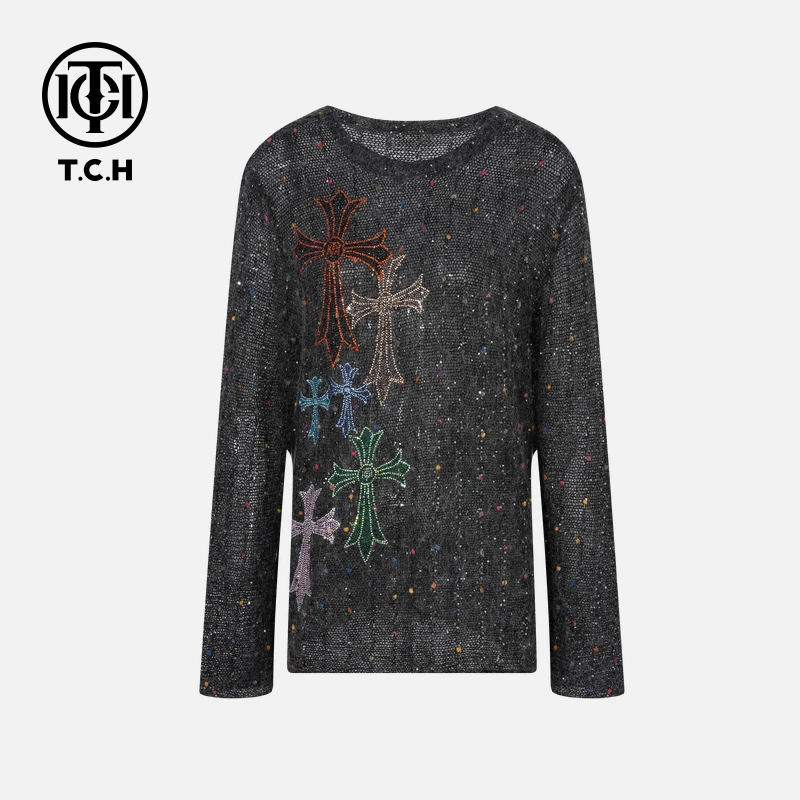 TCH私服烫钻工艺时尚秋季纯欲慵懒风针织衫女T75C09E5089轻奢tch